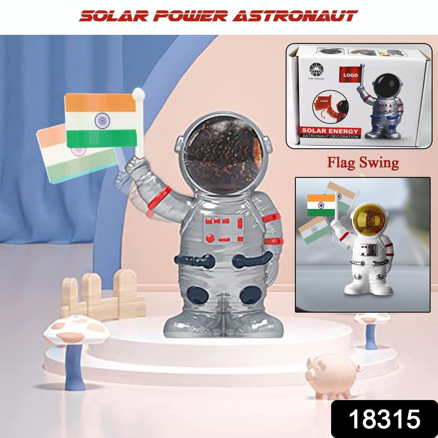 Solar Power Astronaut Ornament Moving Hand With Indian Flag (1 Pc) Solar Power Astronaut Ornament Moving Hand With Indian Flag (1 Pc)